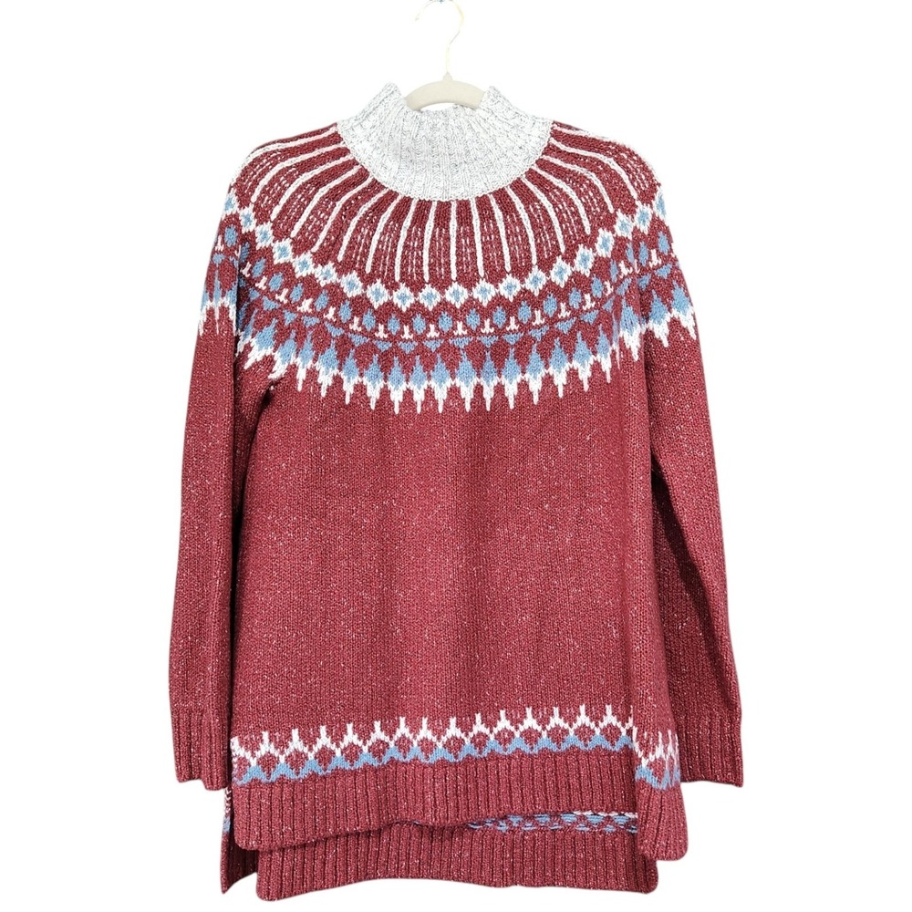 L.L. Bean Tunic‎ Sweater Women's Large Fair Isle Mock Neck Thick Heavy Fisherman